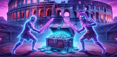 Two neon gladiators clash over a chest of coins in front of the Colosseum